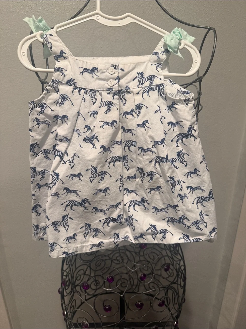 Gymboree White Tank Top with Navy Zebra Print and Mint Tie Straps